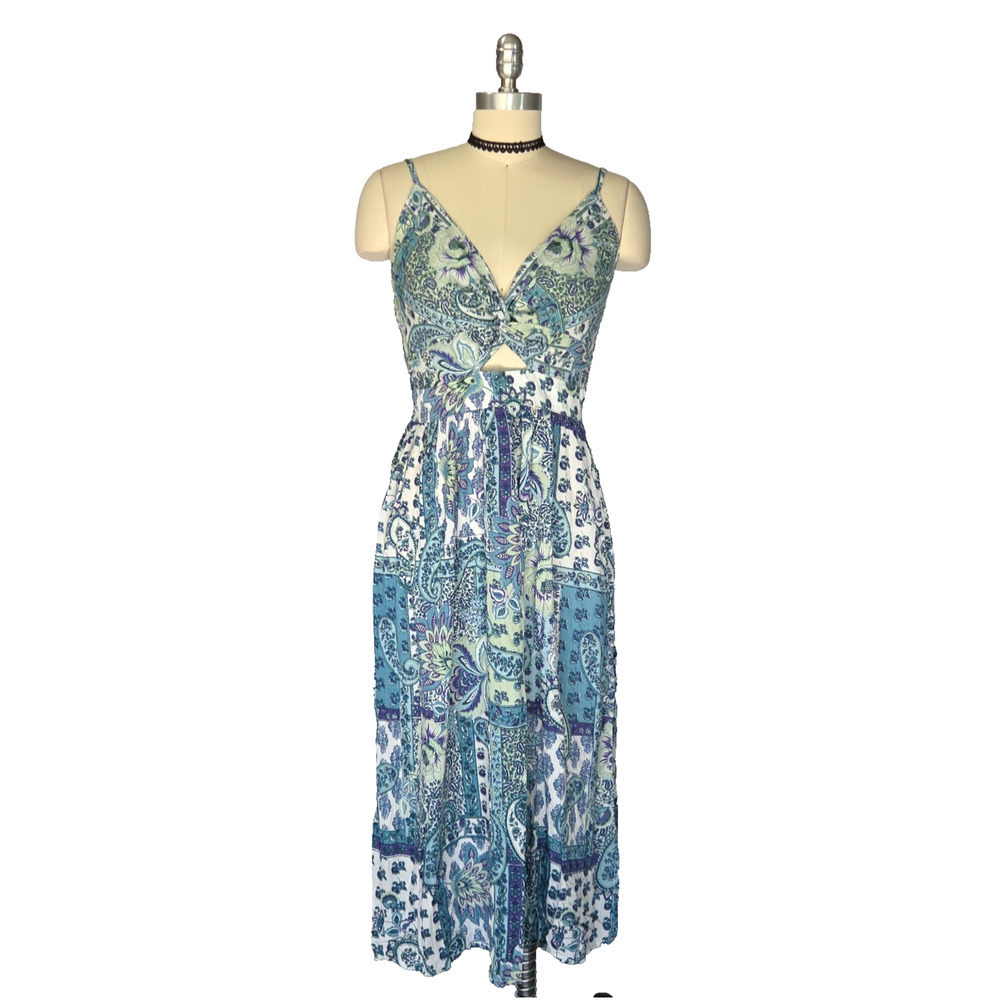 Angie Boho Midi Dress Size S NWT Blue Floral Print Romantic Coquette Peek a Boo
